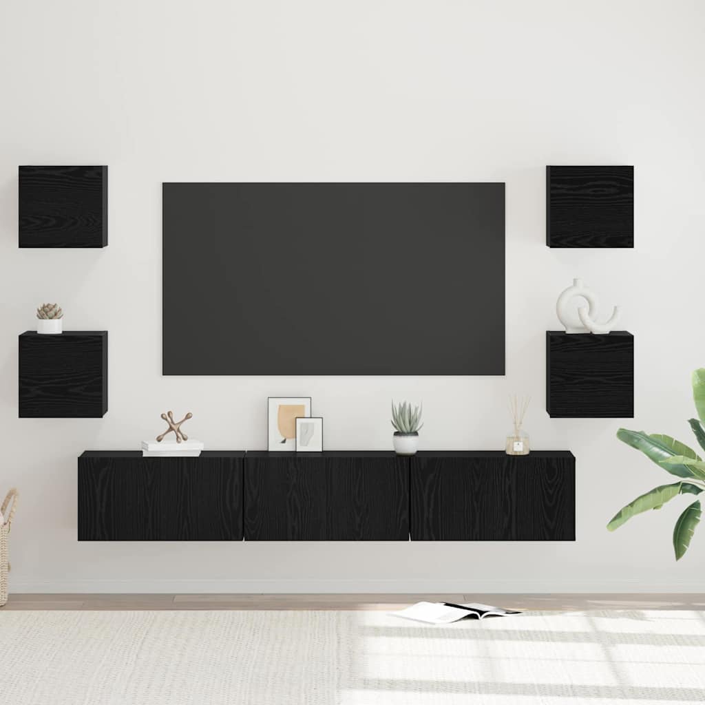 7 Piece Wall Mounted TV Cabinet Set Black Oak Effect Engineered Wood
