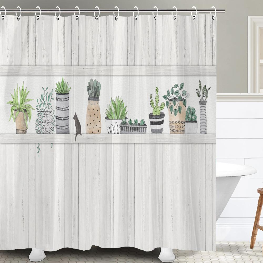 Green Plant Leaf Cactus Shower Curtain Printed Modern Nordic Minimalist Polyster Bathroom Curtain Home Decor Curtain with Hooks