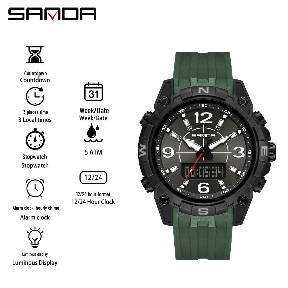 Sanda Men's Multifunctional Waterproof Sports Watch with Dual Display and Snooze Alarm