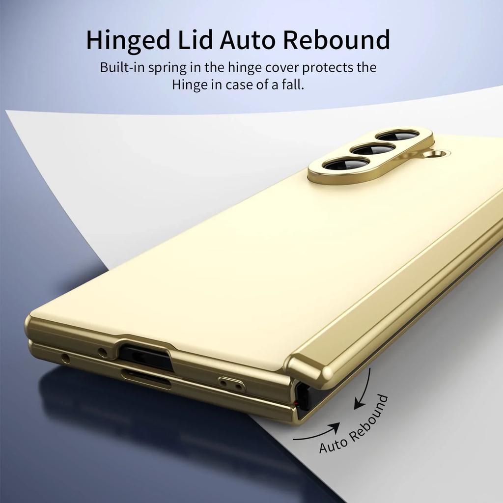 Matte Leather Golden Border Phone Case with Steel Film for Samsung Galaxy Z Fold 7 6 5 4 3 Fold6 Fold5 Hinge Protection Cover
