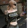 Autumn and Winter New Slim Top Camouflage Short One-word Collar Denim Long-sleeved T-shirt Spice Girl American Inner Base