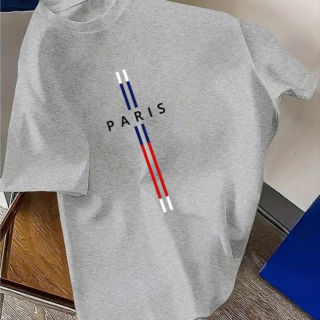 Summer men's 100% cotton casual, fashionable and loose Parisian English letter printed short-sleeved top