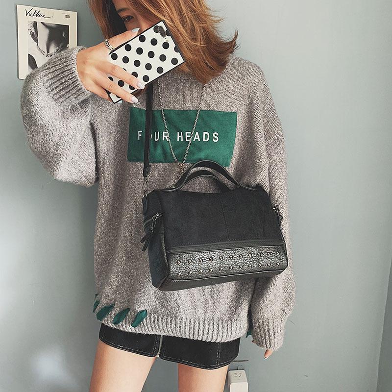 Women Bag Autumn Winter PU Bucket Rivet Vintage Patchwork High-Capacity Shoulder Bags Handbag Women Messenger Bags