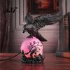 Halloween Home Decoration Gothic Crow Lamp, with Purple Light Ball, Resin Night Light, Matte Black Statue USB Powered Dark Style for