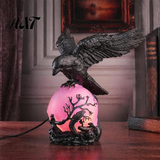 Halloween Home Decoration Gothic Crow Lamp, with Purple Light Ball, Resin Night Light, Matte Black Statue USB Powered Dark Style for