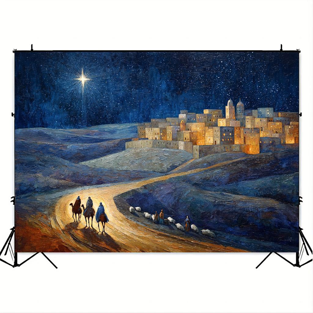 2D plane, 1pc Nativity scene background - traditional Bethlehem City with shepherds, starry sky and the birth of Jesus