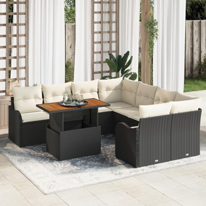Set de canapé de jardin vidaXL de 9 pièces avec coussins en rotin poly noir, Canapé de jardin 2 places avec rangement et 3358175