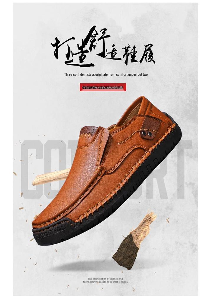 Men's Hand-Stitched Leather Slip-On Loafers - Outdoor Casual Low-Top Plus Size