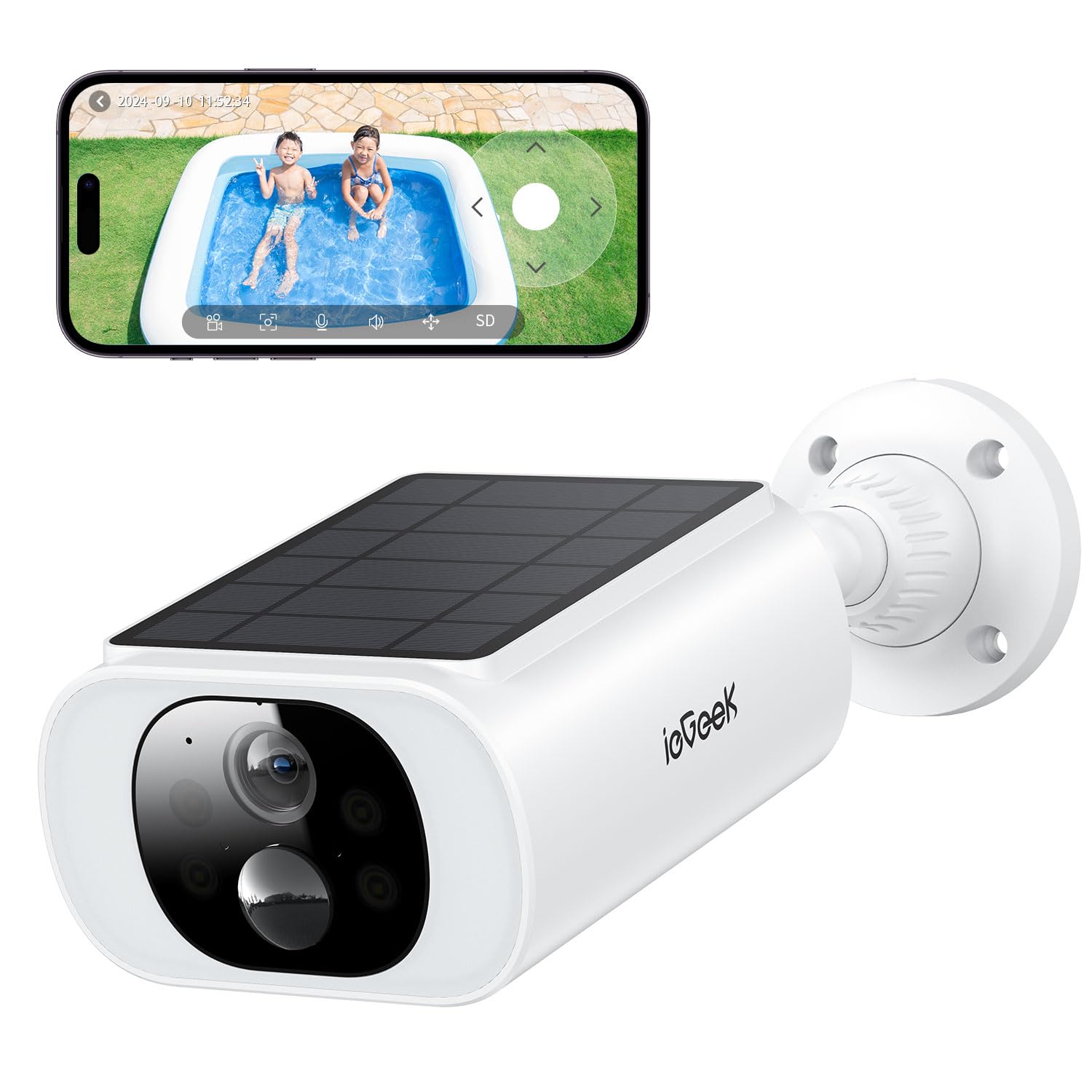 

ieGeek Outdoor Security Camera with Integrated Solar Panel and Enhanced Night PIR Human Alexa Fully No Power Supply Alarm IP65 Outdoor Free білий