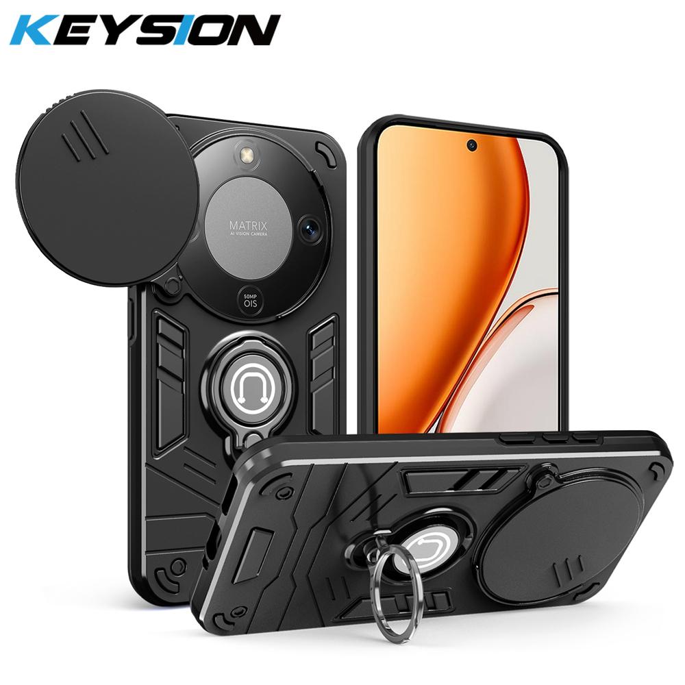 KEYSION Shockproof Armor Case for HONOR X9d 5G Camera Lens Protection Ring Stand Phone Back Cover for Huawei Magic 8 Lite 5G