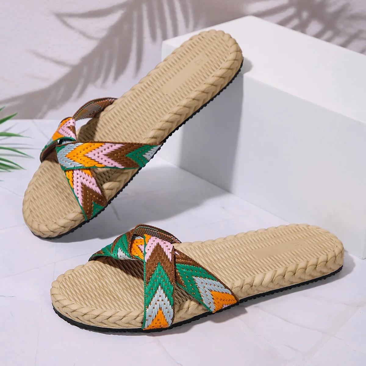 

модные летние льняные тапочки для женщин, домашние тапочки для пар, противоскользящая толстая подошва, для деревянного пола, оптовая продажа, домашние прохладные тапочки 42 зелёный