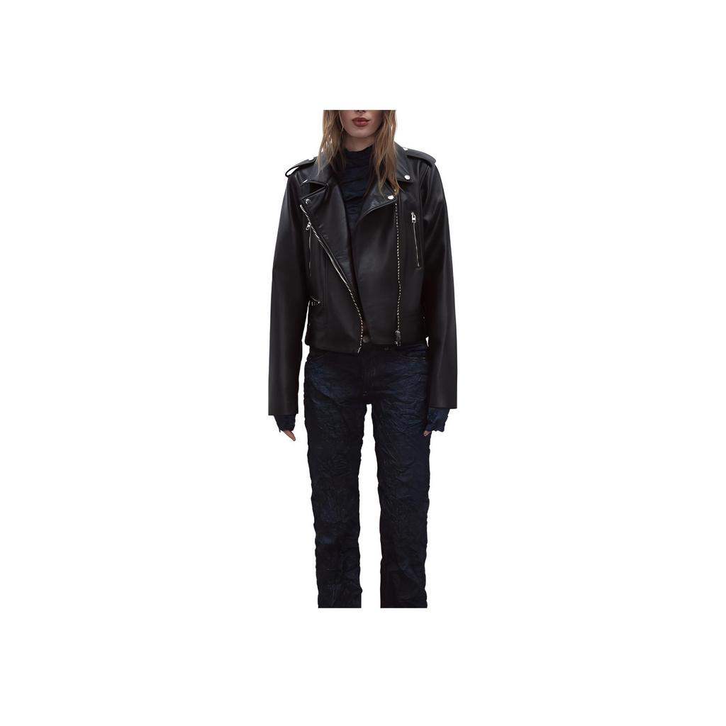 Zara Solid Color Lapel Faux Leather Motorcycle Casual Long Sleeve Jacket Women jackets Black 4341759-800