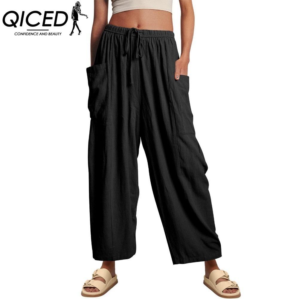 

QICED Женские модные повседневные однотонные брюки и капри с принтом и высокой талией L чёрный