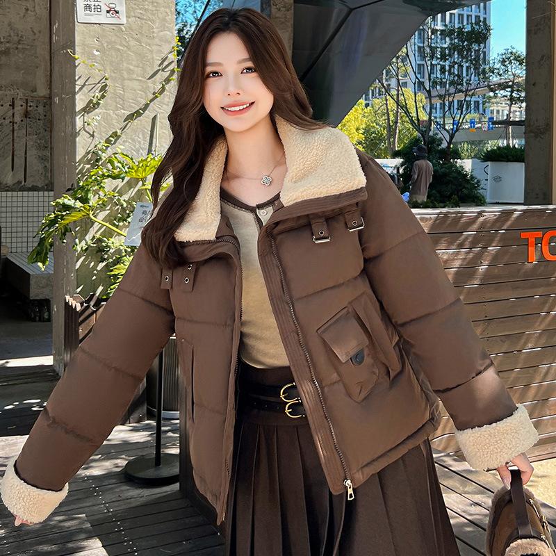 Short small thickened cotton clothes for women's winter new versatile plush lapel warm jacket trendy