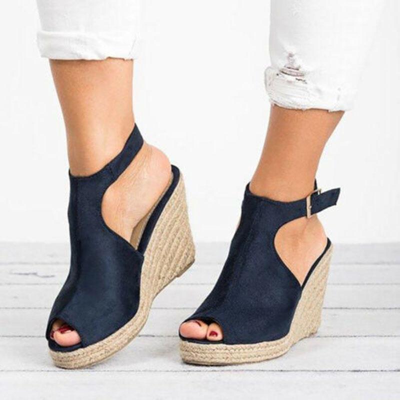 Elegant Women's Sandals Casual Wedges Heel Straw Platform Peep Toe Ladies Buckle Shoes