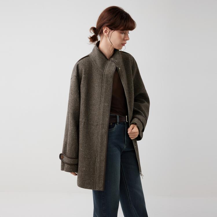 ELLE Cappotto in Lana da Lavoro Stile Vintage Francese con Zip e Collo Rialzato Casual Versatile Manica Lunga Cappotti Donna EF52687