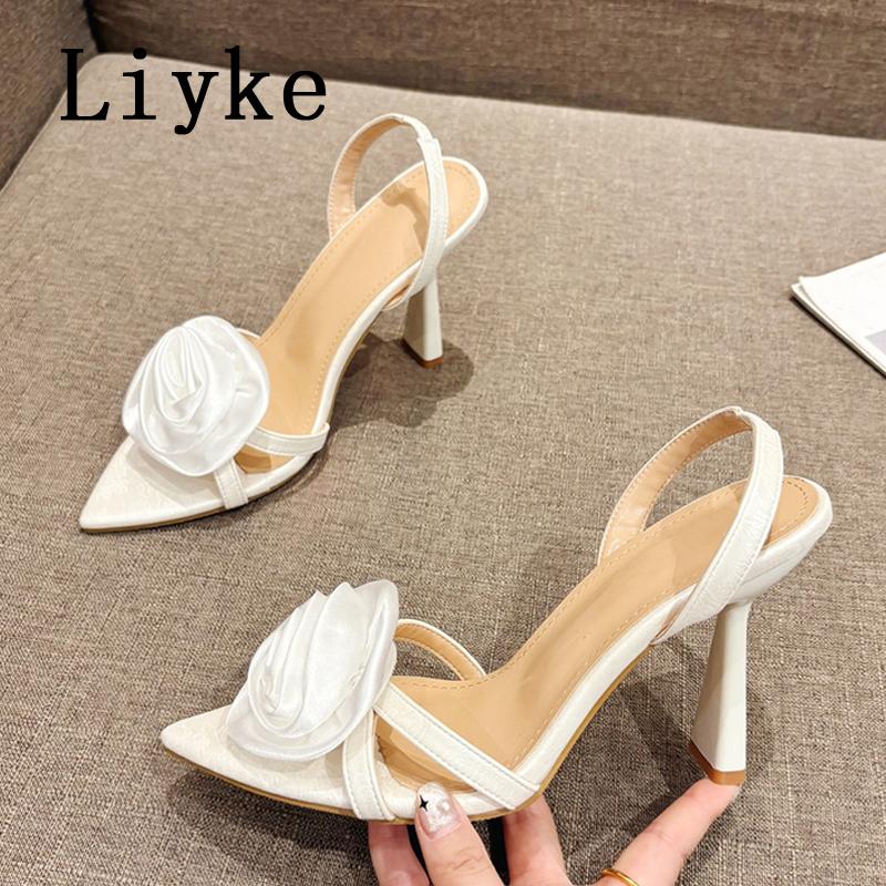 Fashion Liyke Sexy Slingback Sandals Women Summer Fashion Rose Flowers Pointed Open Toe Back Strap High Heels Party Dress Shoes Size 41
