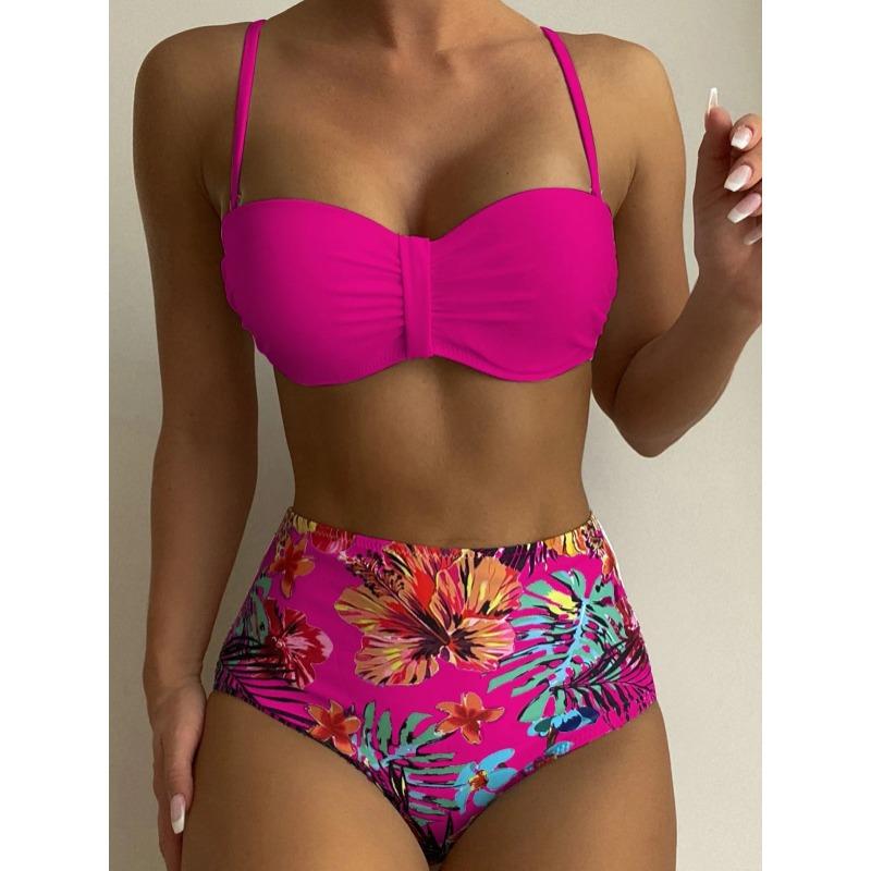 

2 шт./комплект женский комплект бикини плиссированный бандо регулируемые бретели бюстгальтер трусы комплект однотонный высокая талия цветочный купальник пляжная одежда L розы красного