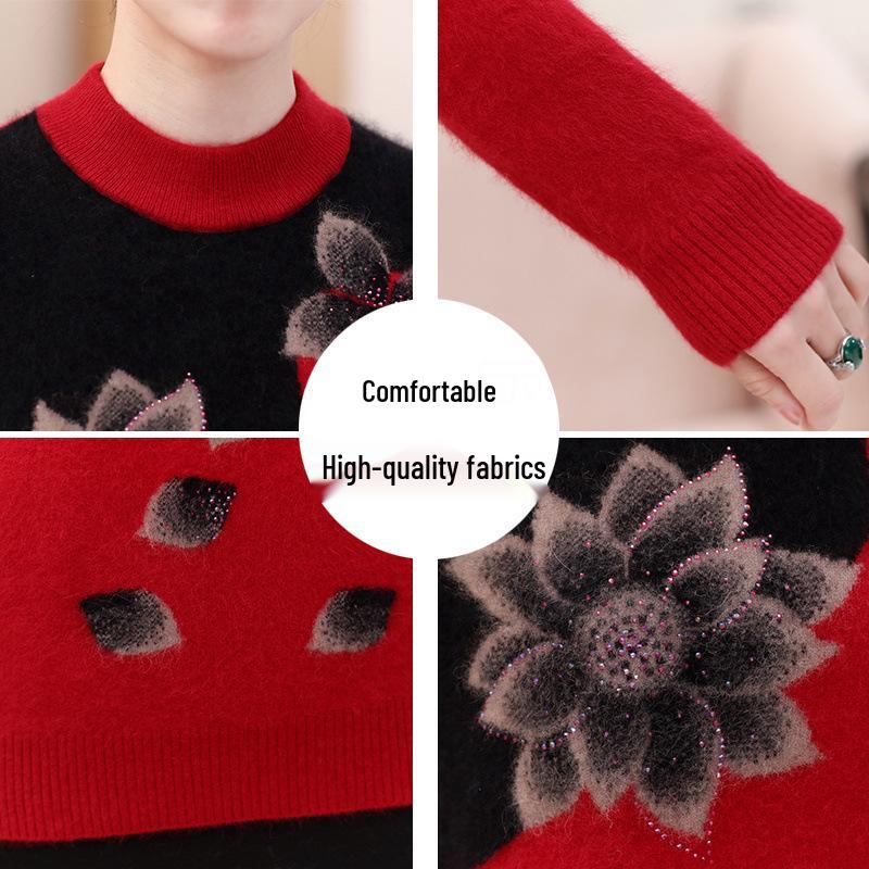 Plus Size Knitted Sweater for Women: Thickened Velvet Autumn and Winter Coat for Middle-Aged & Elderly