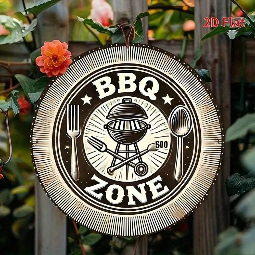 Vintage BBQ Metal Sign Rustic Kitchen Wall Decor Round Aluminum Tin Plate 20x20cm Bar Patio Grill Man Cave Gift