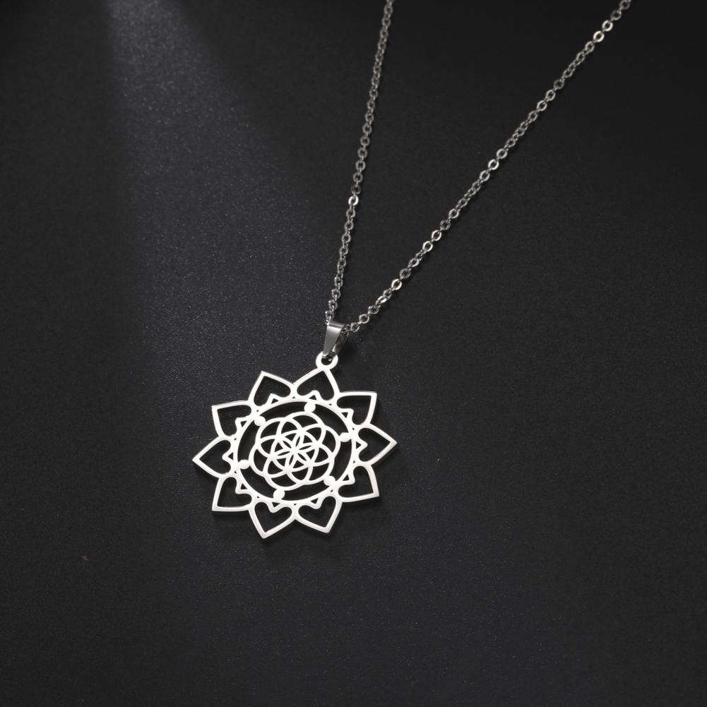Flower Necklace for Women Stainless Steel Chain Necklace Vintage Sacred Geometry Amulet Jewelry Party Gift