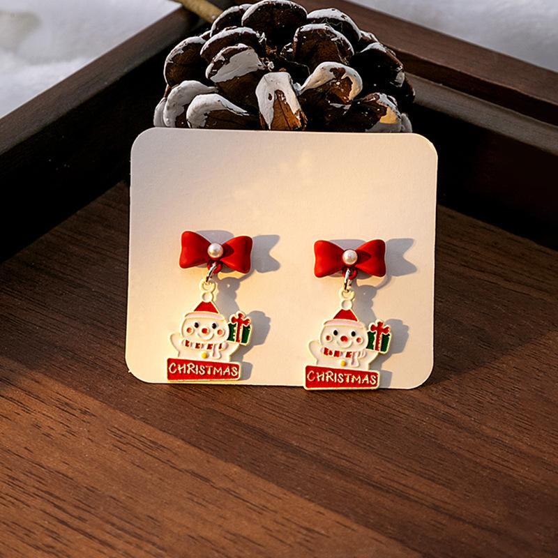 Silver Needle Christmas Reindeer & Snowflake Asymmetrical Earrings with Bell and Heart Details