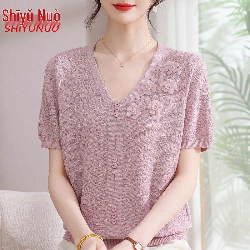 Summer 2026 Ice Silk Blouse: Fashionable Short-Sleeve for Middle-Aged and Elderly Women