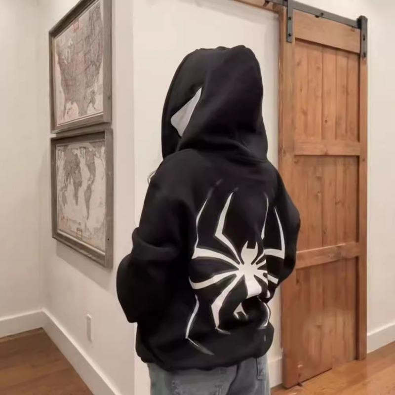 

1 шт. Толстовка с капюшоном на молнии с пауком, уличная одежда в стиле Харадзюку, куртка с узором оверсайз, толстовка с капюшоном, одежда в стиле панк-готика 2000-х годов M чёрный