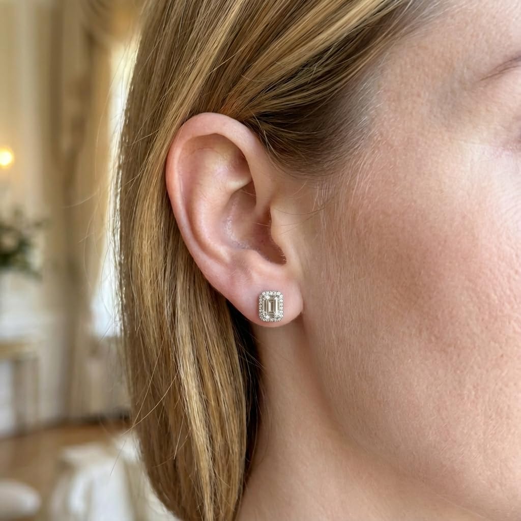Women's Moissanite Earrings in Sterling Silver (925), Hypoallergenic, Simple, 2.0ct Total Weight, Emerald Cut, D Color, VVS1, GRA Certificate Included