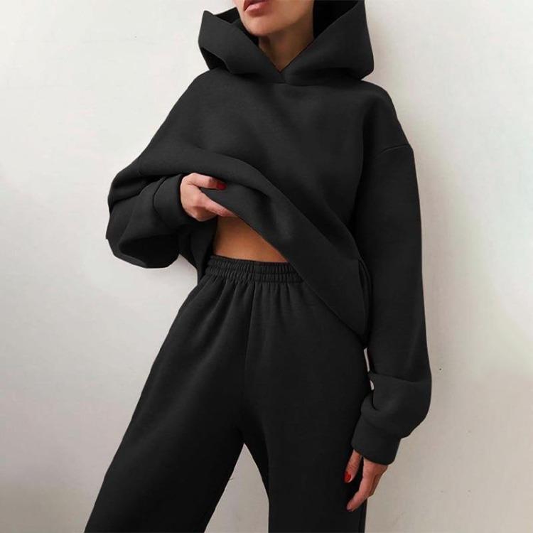 Elegant Women Two Piece Sets Warm Hoodie Sweatshirt And Long Pant Fashion Solid Suits For Ladies