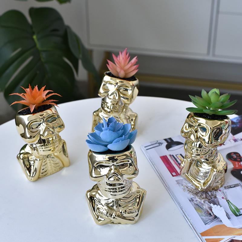 Creative Golden Skull Flower Pot Succulent Pot Ceramic Planter Home Decor Desktop Ornaments Bonsai Plant Pot Garden Decoration