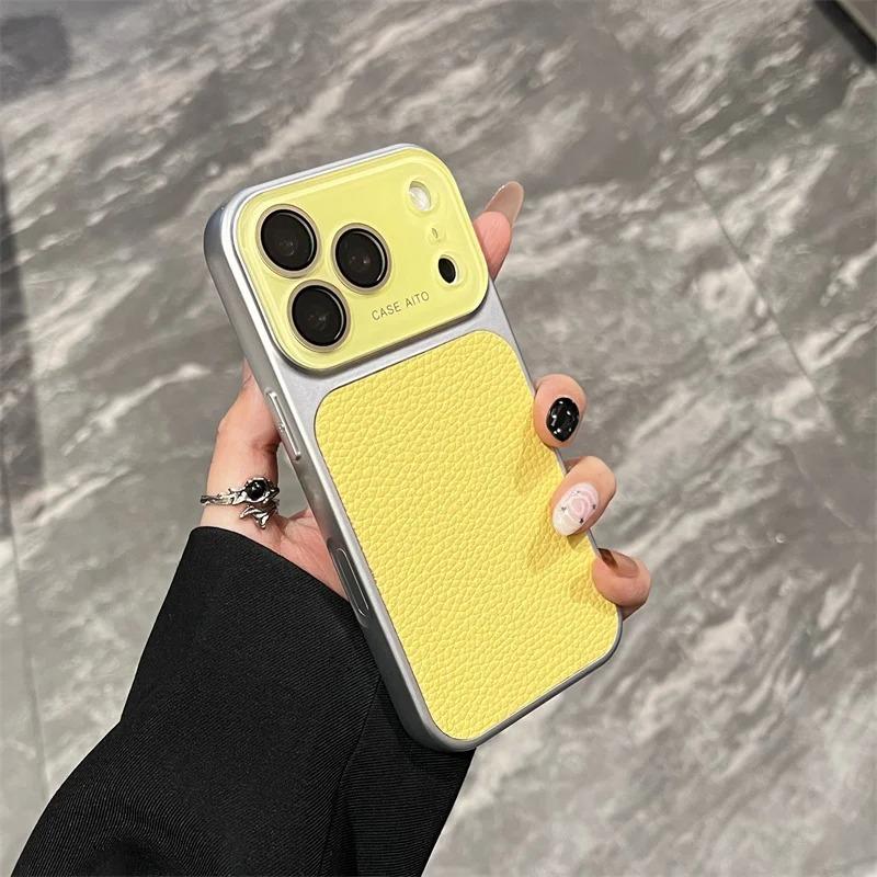 Lichee Pattern PU Leather Phone Case For For Iphone 17 16 1 14 Pro Max Hard PC Camera Large Window 17promax Cover