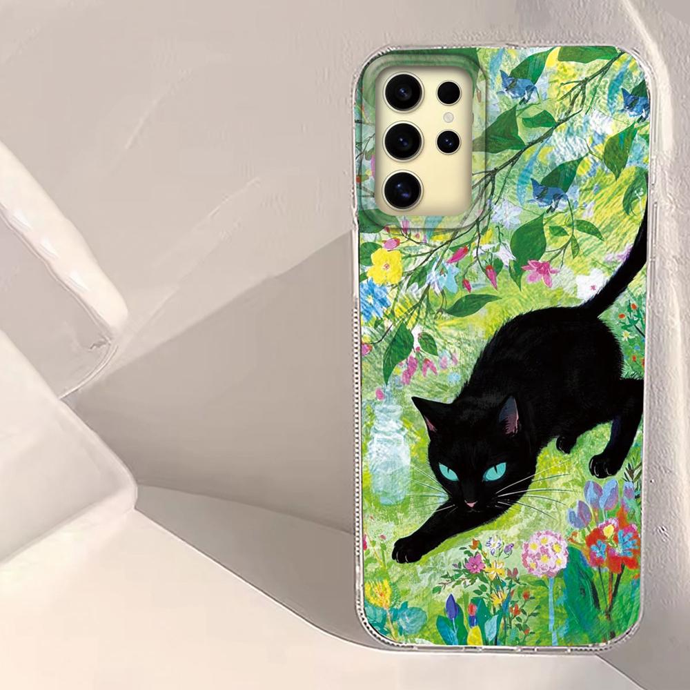 Retro Lucky Cute Cat Flower Girl Vortex Texture Phone Case for Samsung Galaxy S25 Edge S24 S23 S22 S21 S20 FE Plus Ultra Cover