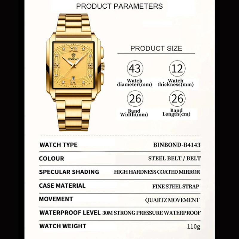 BINBOND Ceasuri de mână pentru bărbați, pătrate, rezistente la apă, originale de lux, din oțel inoxidabil