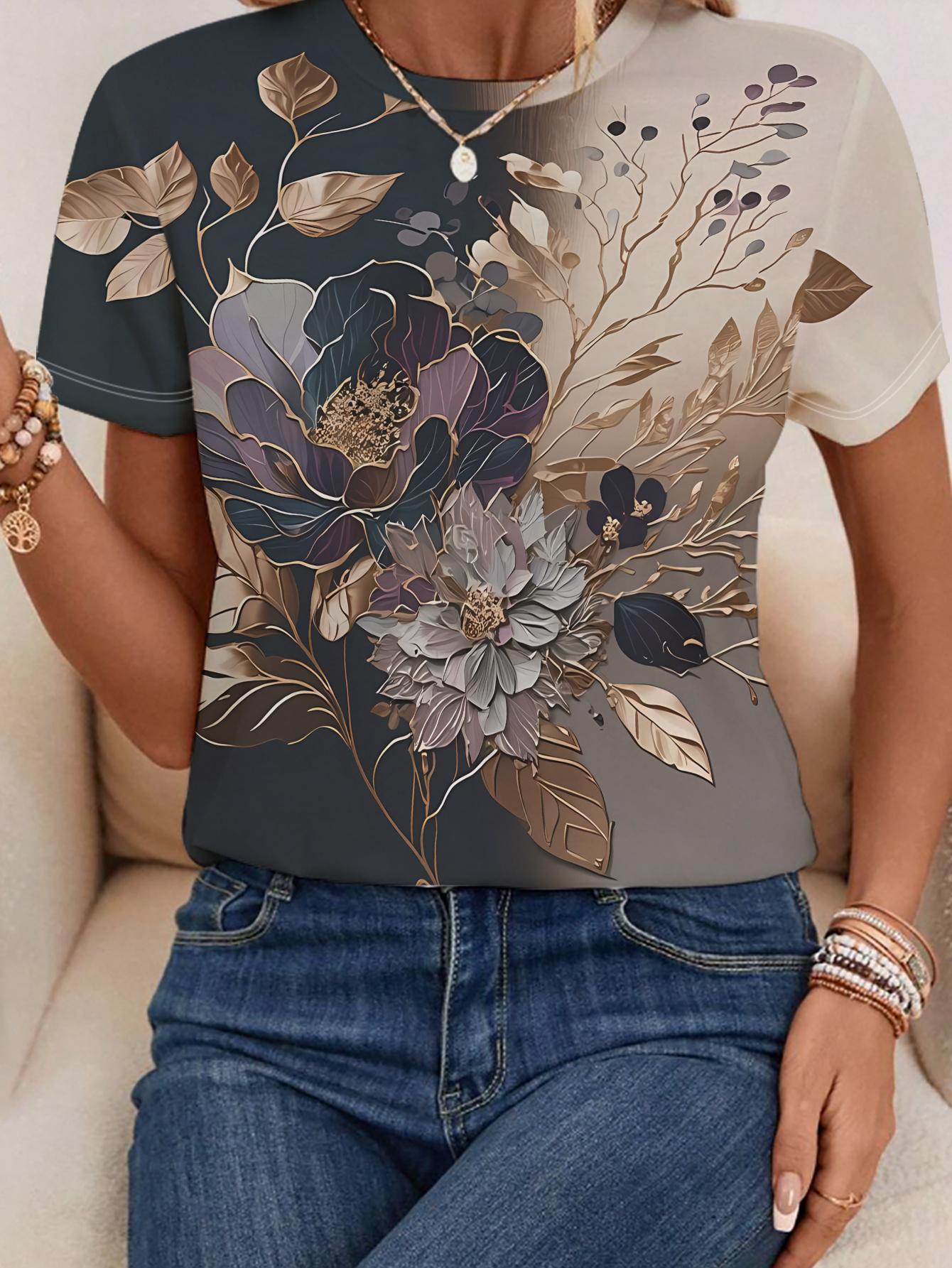 

Retro Light Luxury Style Plant Floral All-Over Print Short Sleeve Women S T-Shirt. Back Gradient Base with Exquisite Floral And Leaf Embellishments; F M дубильная кора