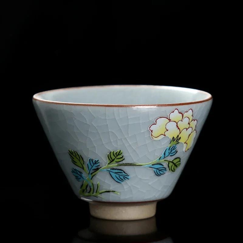 

55ml Traditional Ru Kiln Ceramic Teacup Handmade Flowers Pattern Tea Cup Travel Tea Bowl Meditation Cup Chinese Teaware 6.5X4.8CM 55ML