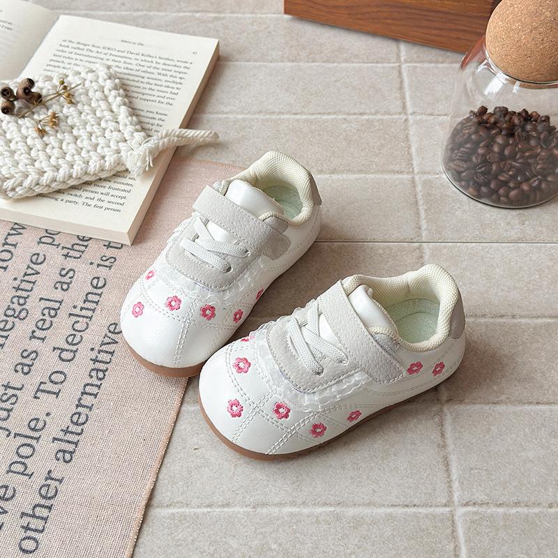 Kids Floral Embroidered Casual Sneakers with Hook and Loop 22 бежевый