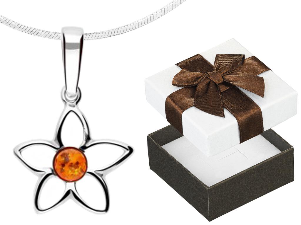 Small Silver Women' Necklace Flower with Amber Flower Short 42