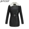 BITCED Autumn/Winter Long-Sleeved Fleece-Lined Leather Jacket for Women with Lapel Collar, Double-Ended Zip and Belted Waist for Warmth