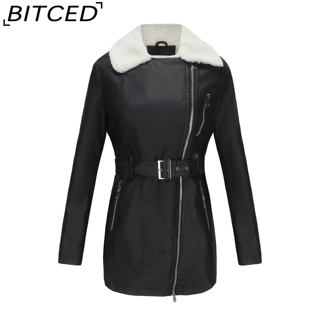 BITCED Autumn/Winter Long-Sleeved Fleece-Lined Leather Jacket for Women with Lapel Collar, Double-Ended Zip and Belted Waist for Warmth