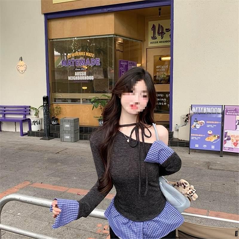 Knitted Off-Shoulder Halter Neck Women's Top - Korean Style Short Sleeve for Autumn/Winter