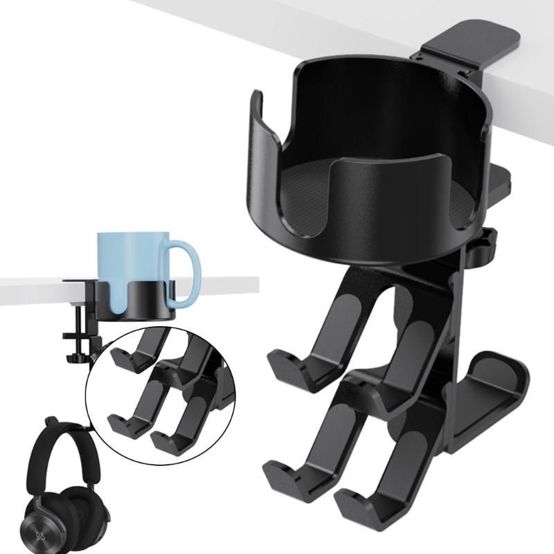 Clamp On Under Desk Headphone Holder With Concealed Storage And 360 Degree Rotating Cup Holder For Office Accessories