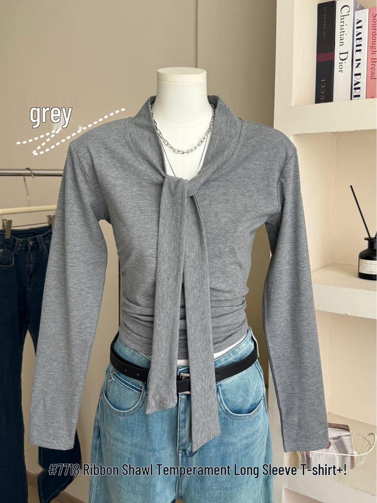 Women's Urban Style V-Neck Long Sleeve Slimming Shirt with Shawl Decoration for Early Autumn