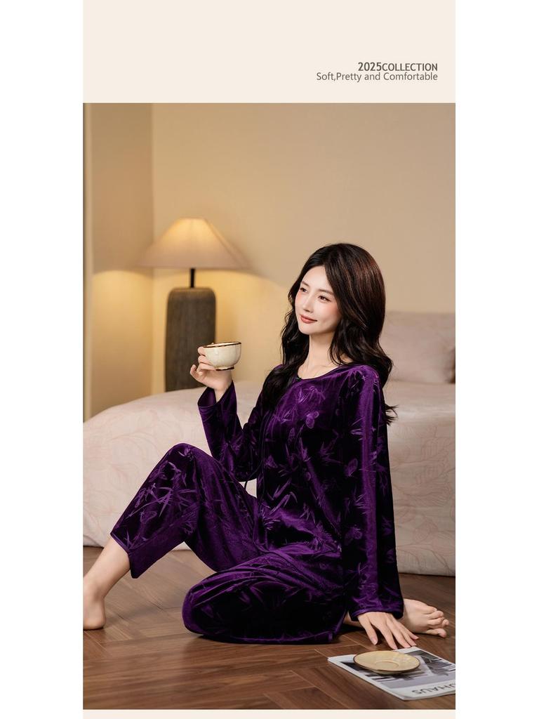 Da Vinci Code Bamboo-Inspired Gold Velvet Women’s Long-Sleeve Pants Set: Cozy Autumn/Winter Home Wear