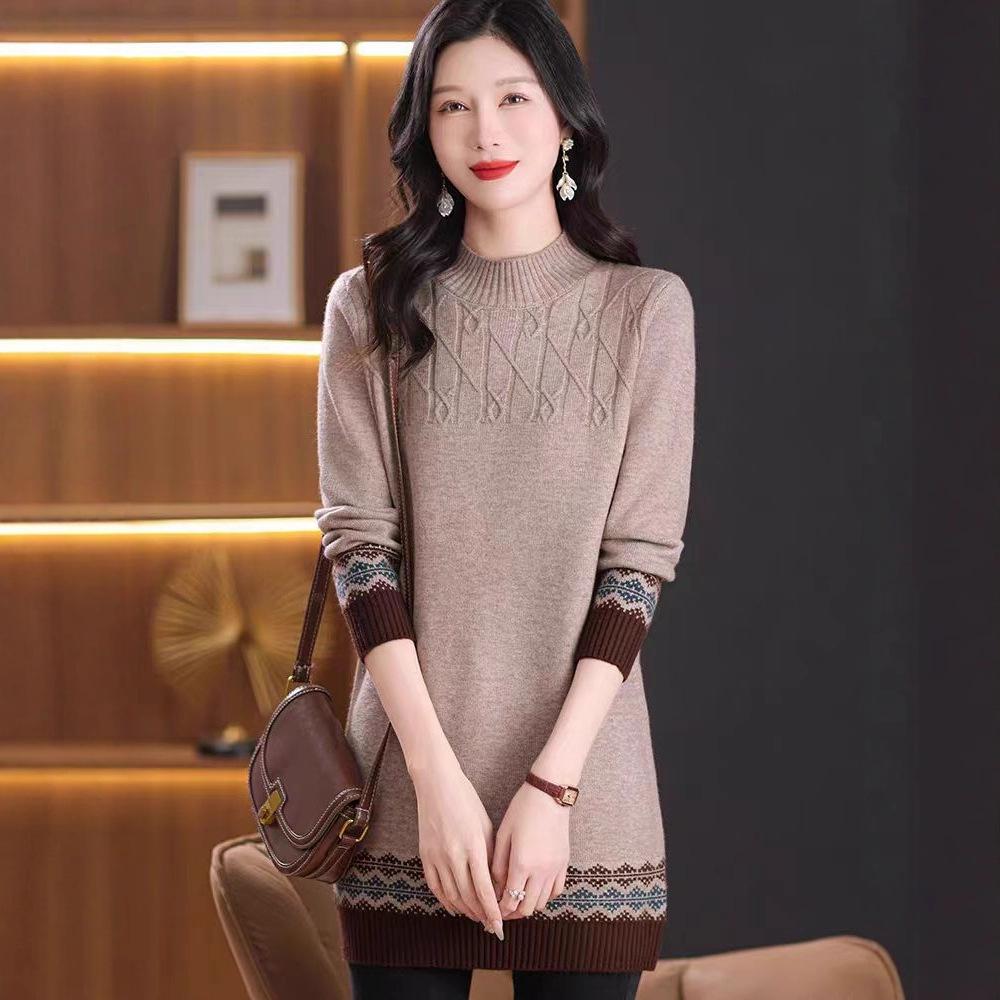 Mid-length Knitted Sweater for Women Half Turtleneck Sweater Thick Pullover Loose Top