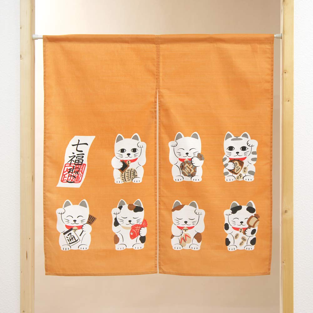 Noren Kobo Japonský vzor Kočka 85 cm Široký x 90 cm Maneki Neko Krátký 3013 Závěs, Dlouhý, (Šťastná kočka), Délka, Žlutá,