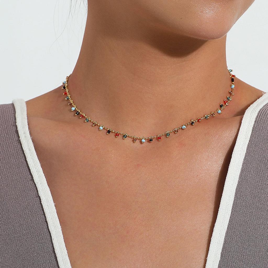 Bohemian Colorful Acrylic Crystal Bead Tassel Choker Necklace Simple Trend Handmade Bead Chain Necklace For Women Gift Jewelry