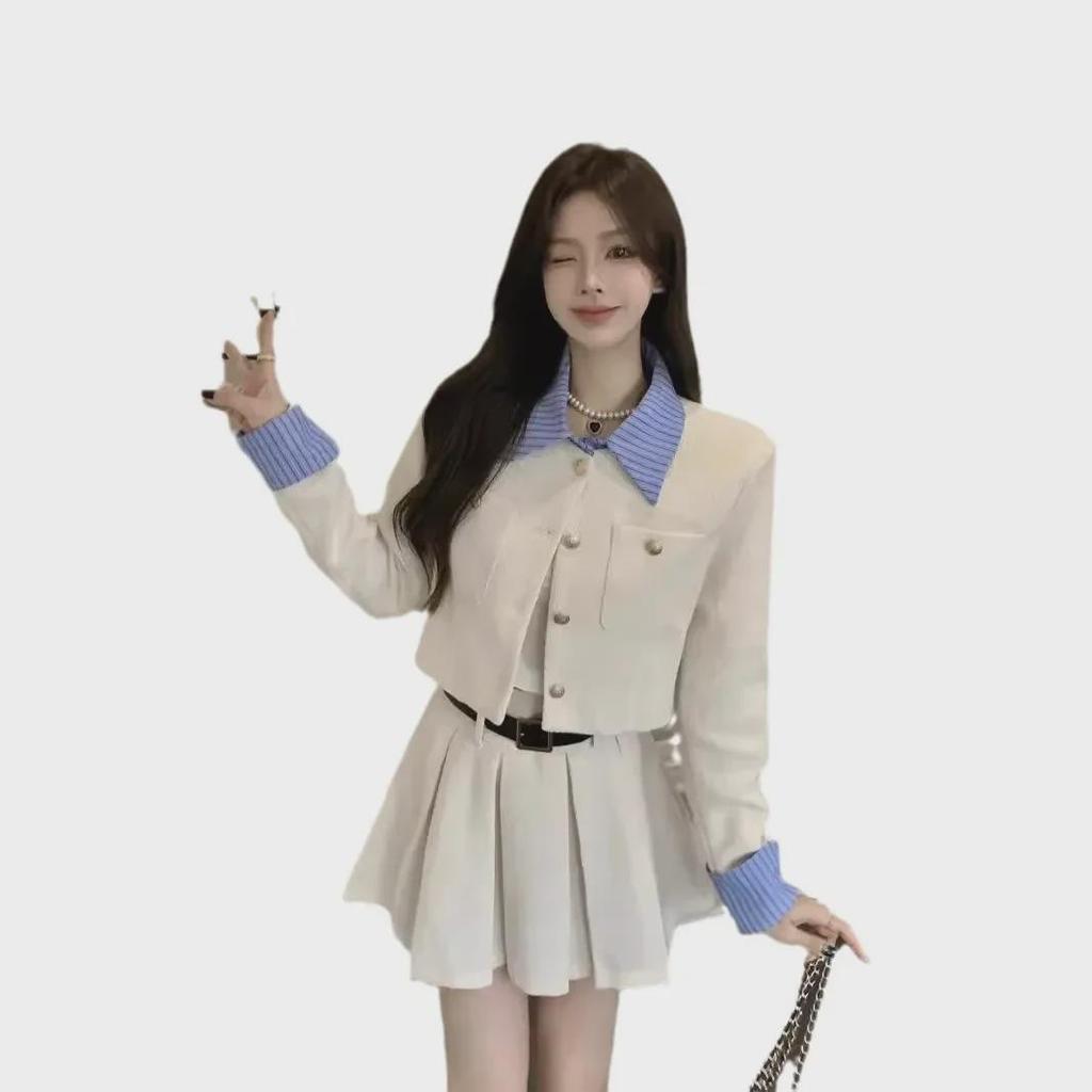 2024 Fall/Winter Women's Long-Sleeve Stitch Shirt Jacket & Pleated Skirt Set