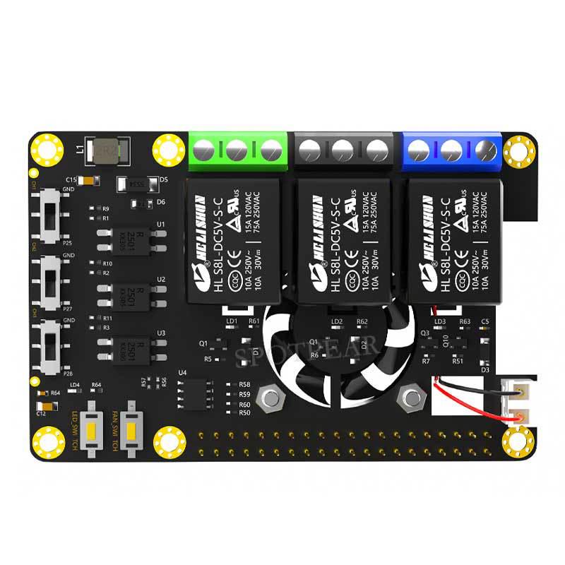 Raspberry Pi 3-Way Relay Board with Fan & RGB-LED