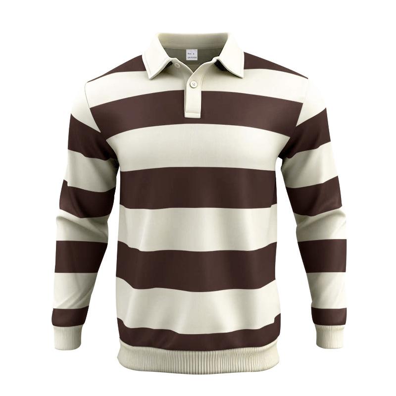 

Men s Long Sleeve Striped Polo Shirt Contrast Color Casual Collar Pullover Top M коричневий